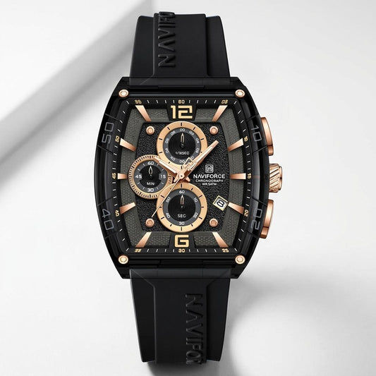 Chronograph Men's Watch with Black Silicone Strap, Water Resistant Quartz Movement, Gold Accents, Date Display for Casual & Formal Wear