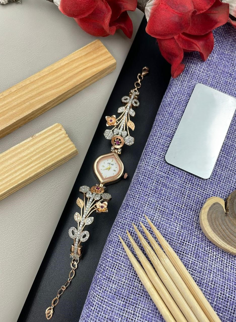 Rose Gold Floral Bracelet Watch for Women | Stylish Crystal Watch for Girls