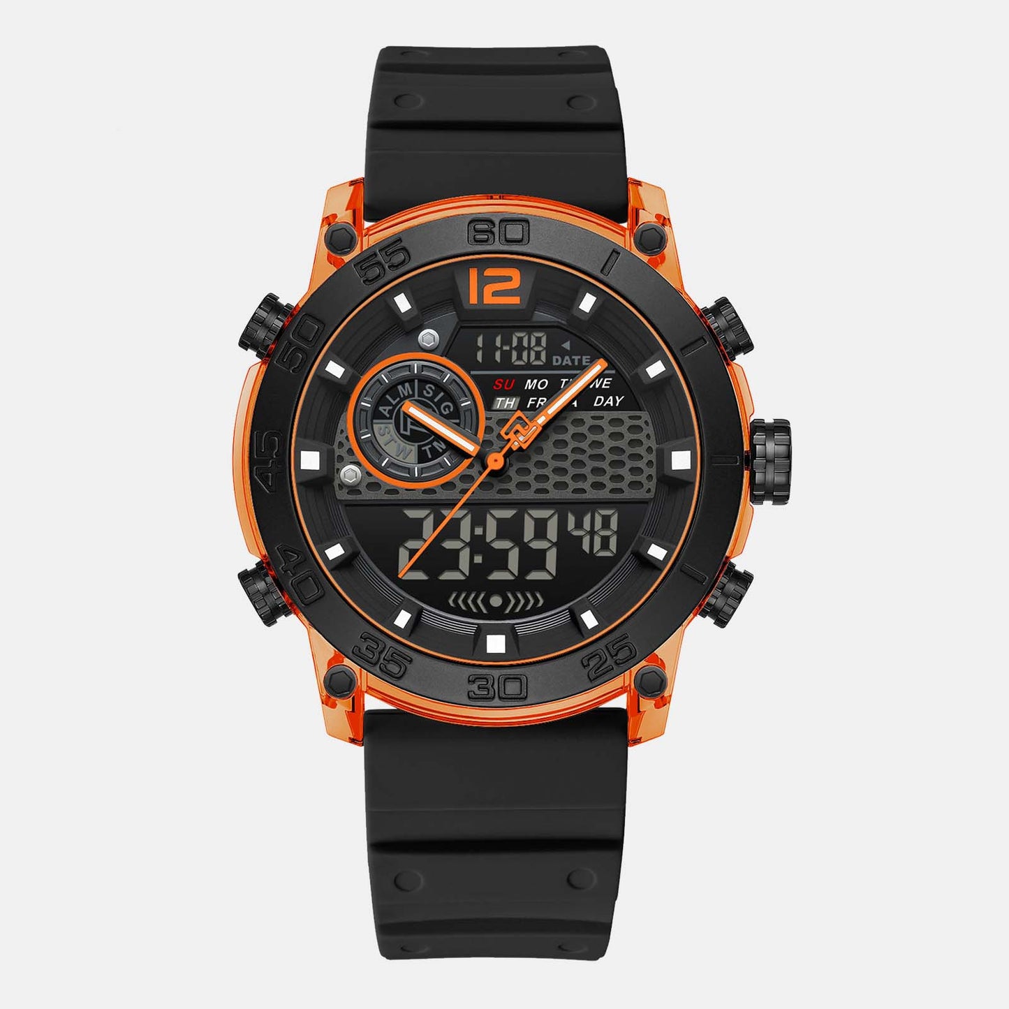 Men’s Orange Dial Analog Digital Sports Watch with LED Display