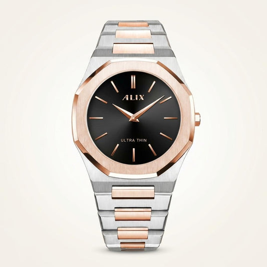 Ultra Thin Black Dial Rose Gold Stainless Steel Watch for Men