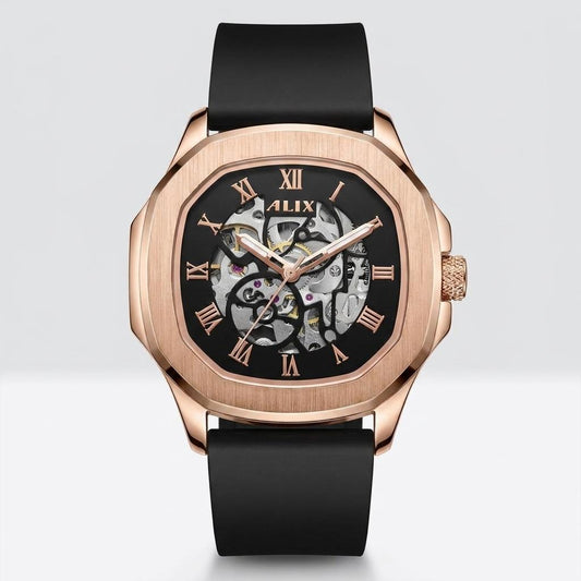 Luxury Automatic Men’s Watch Rose Gold Black Dial Silicone Strap Watch