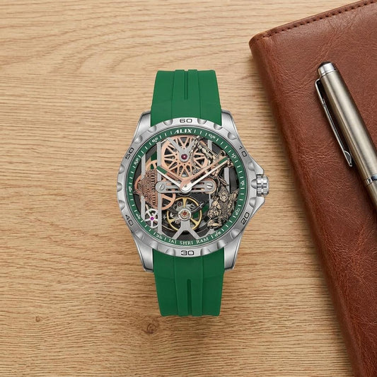 Green Automatic Skeleton Ram mandir With Lord Rama and hanuman ji Dial Men’s Watch with Silicone Strap – Luxury Sports Watch