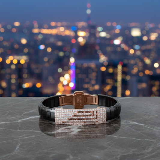 Premium Black Ceramic Bracelet with Rose Gold Crystal Design for Men