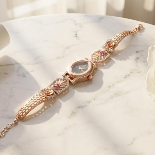 Designer Rose Gold Crystal Bracelet Watch for Women & Girls