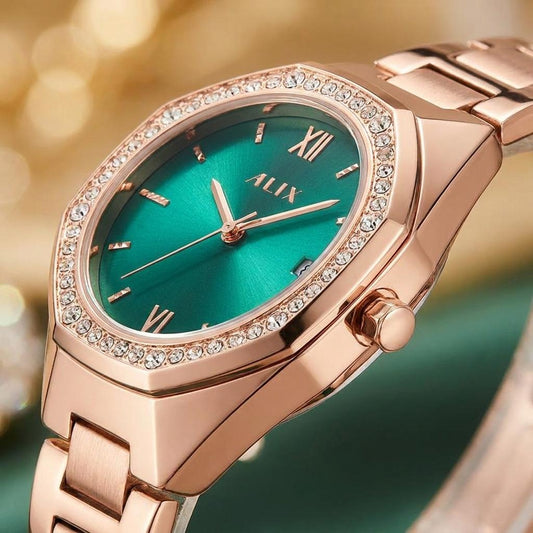 Rose Gold Women’s Watch Green Dial Diamond Style Premium Bracelet Watch
