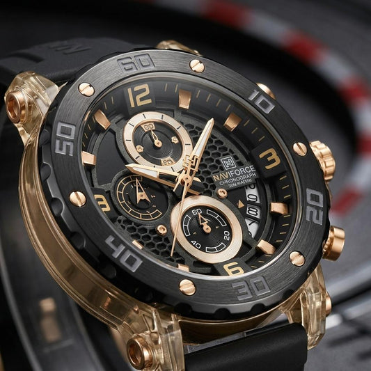 Luxury Black Gold Chronograph Men’s Watch Silicone Strap Sports Watch