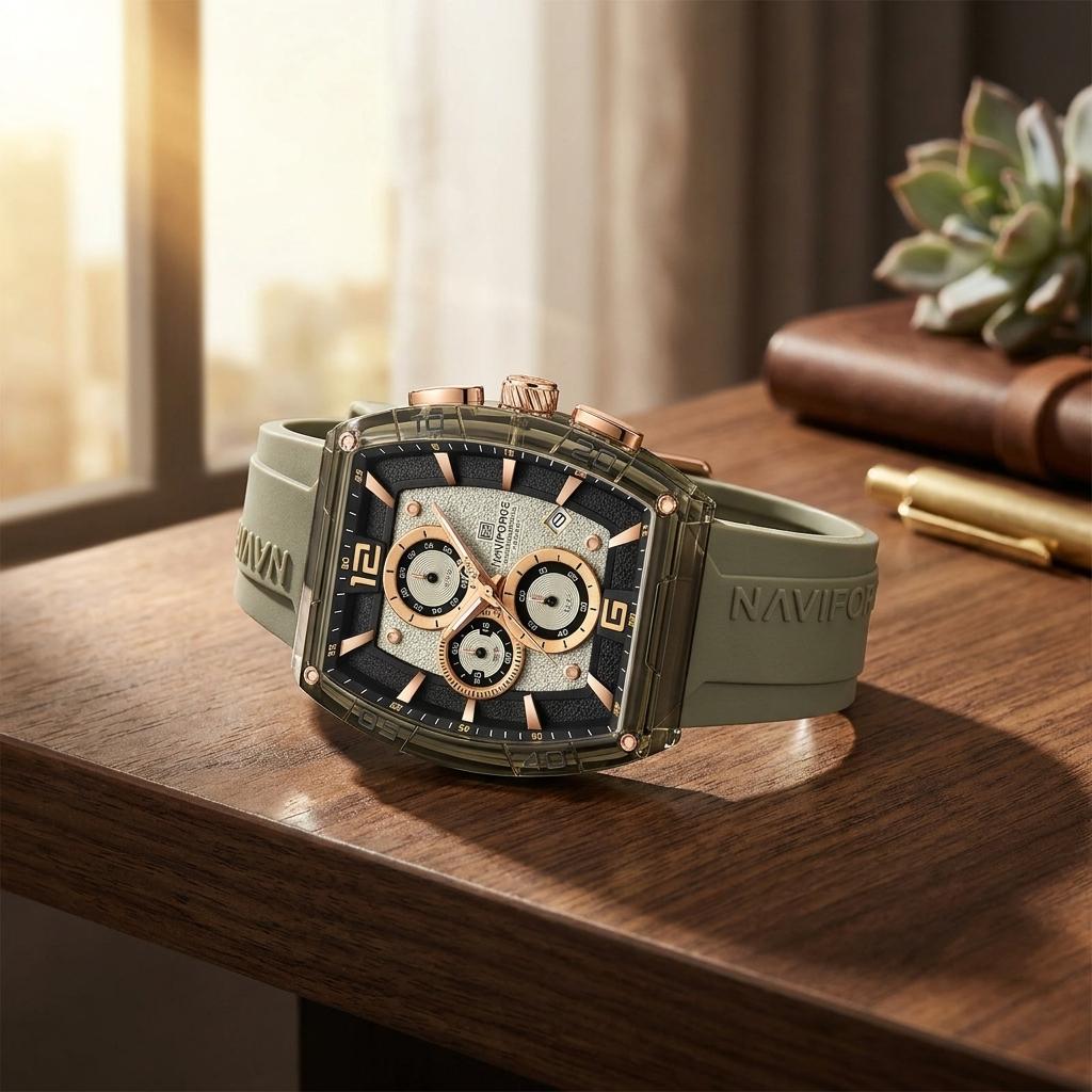 Olive Green Luxury Sports Chronograph Silicone Strap Watch for Men & Boys