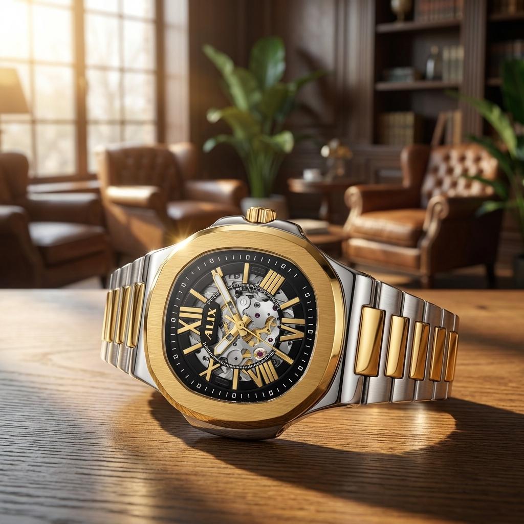 Luxury Automatic Mechanical Men’s Watch Gold Silver Metal Strap Black Dial Watch