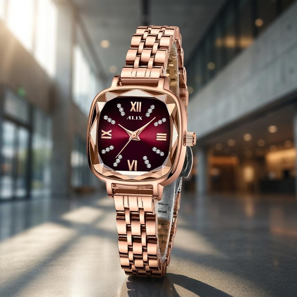 Rose Gold Red Square Dial Analog Watch for Women & Girls
