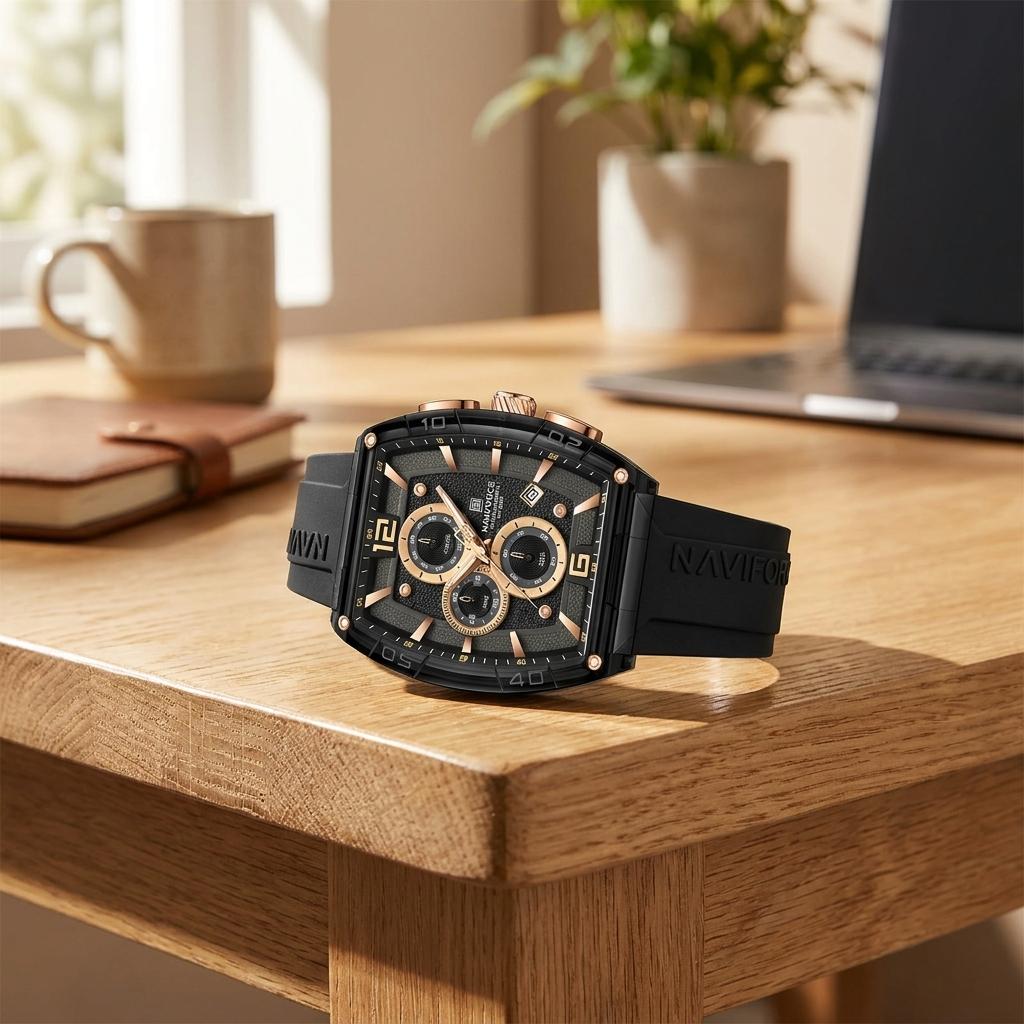 Chronograph Men's Watch with Black Silicone Strap, Water Resistant Quartz Movement, Gold Accents, Date Display for Casual & Formal Wear