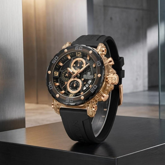 Luxury Black Gold Chronograph Men’s Watch Silicone Strap Sports Watch