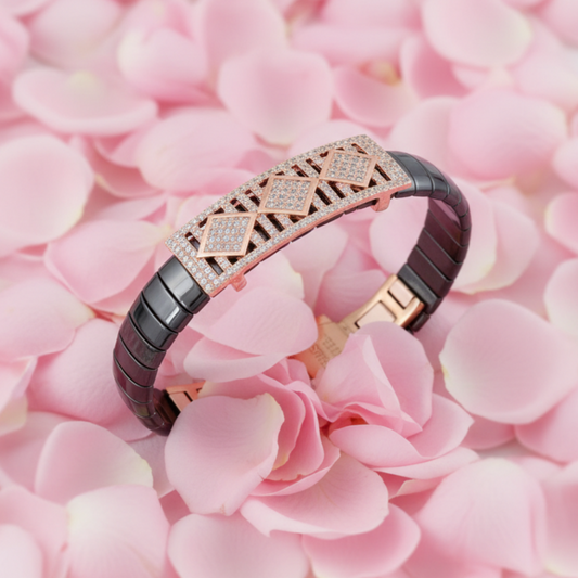 Designer Black Ceramic Bracelet with Rose Gold Crystal Pattern for Men