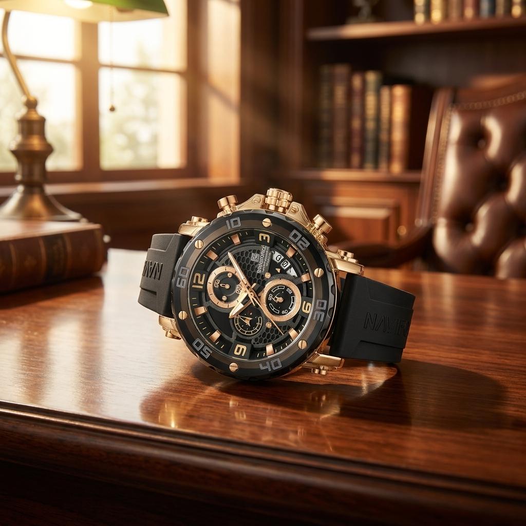 Luxury Black Gold Chronograph Men’s Watch Silicone Strap Sports Watch