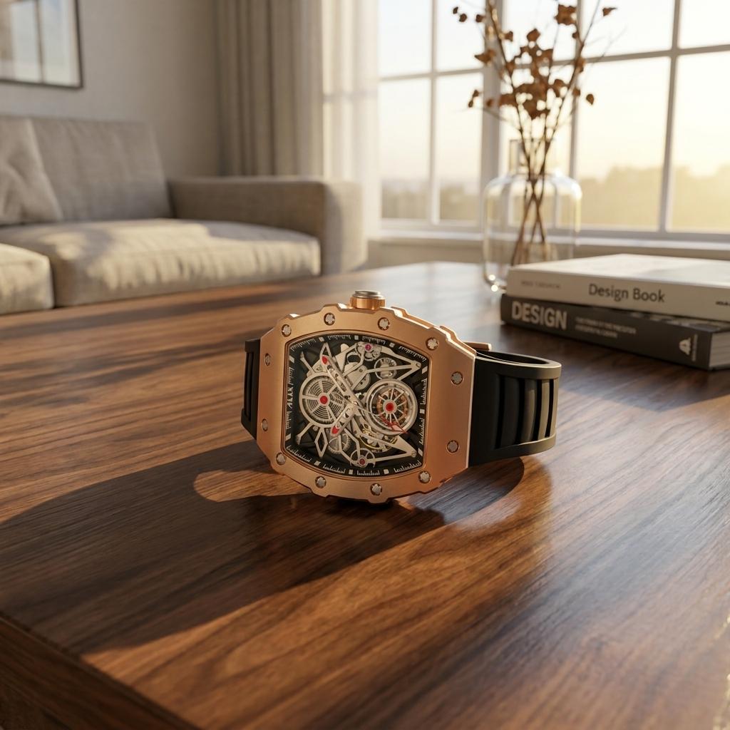 Luxury Automatic Skeleton Watch for Men with Black Silicone Strap
