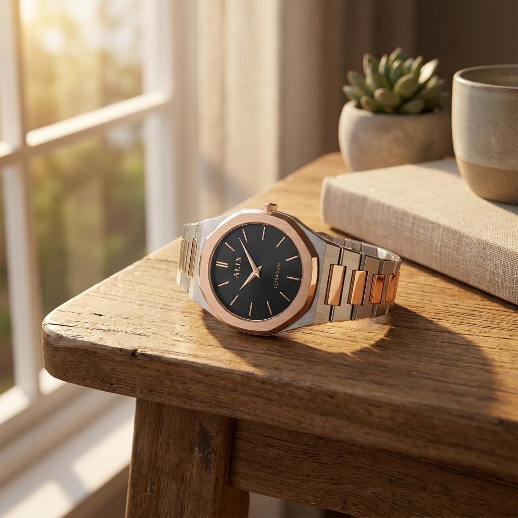 Ultra Thin Black Dial Rose Gold Stainless Steel Watch for Men