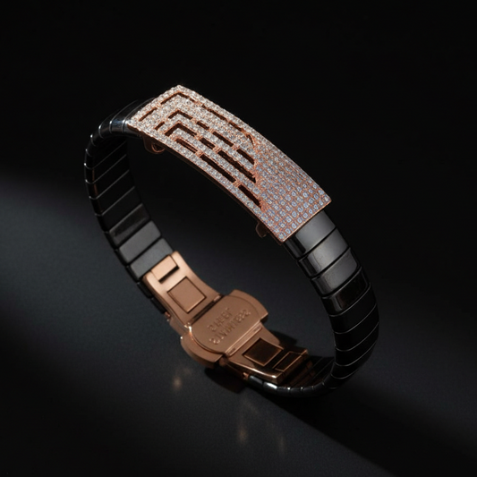 Premium Black Ceramic Bracelet with Rose Gold Crystal Design for Men
