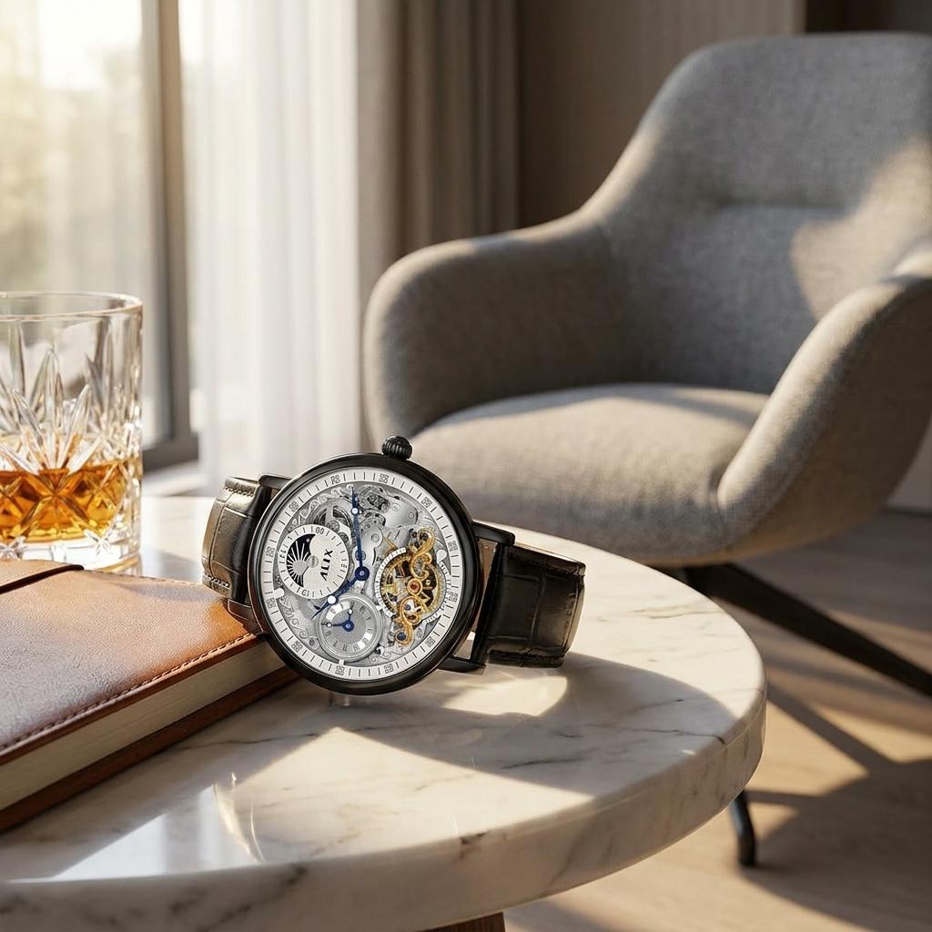 Luxury Automatic Skeleton Watch for Men with Black Leather Strap