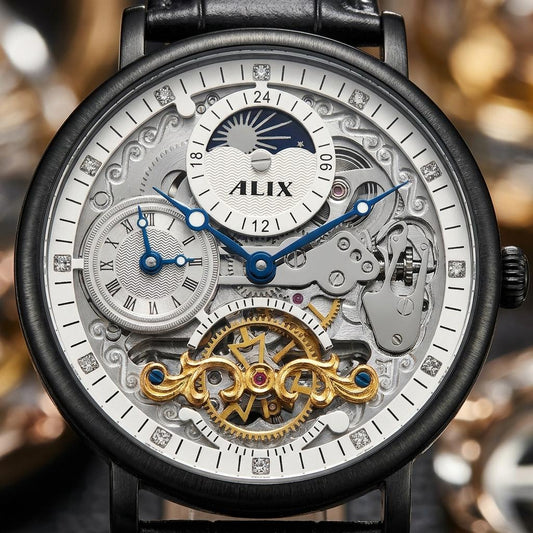 Luxury Automatic Skeleton Watch for Men with Black Leather Strap