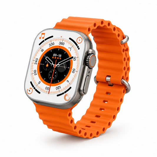 Ultra Smartwatch with Bluetooth Calling, Heart Rate Monitor, Orange Silicon Band, Square Display, Magnetic Fast Charging Cable