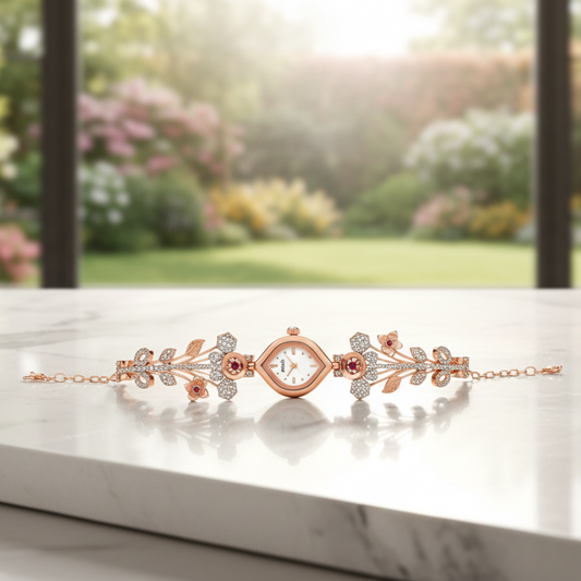 Rose Gold Floral Bracelet Watch for Women | Stylish Crystal Watch for Girls