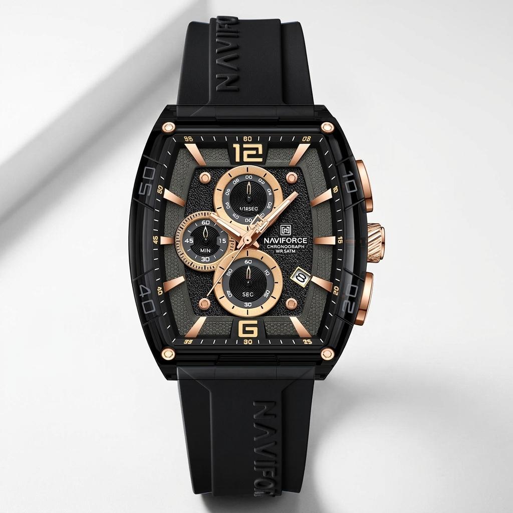 Chronograph Men's Watch with Black Silicone Strap, Water Resistant Quartz Movement, Gold Accents, Date Display for Casual & Formal Wear