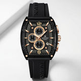 Chronograph Men's Watch with Black Silicone Strap, Water Resistant Quartz Movement, Gold Accents, Date Display for Casual & Formal Wear