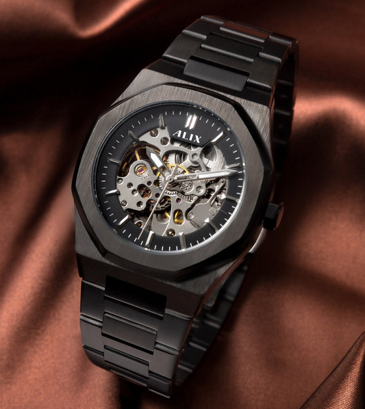Black Skeleton Automatic Style Stainless Steel Watch for Men & Boys