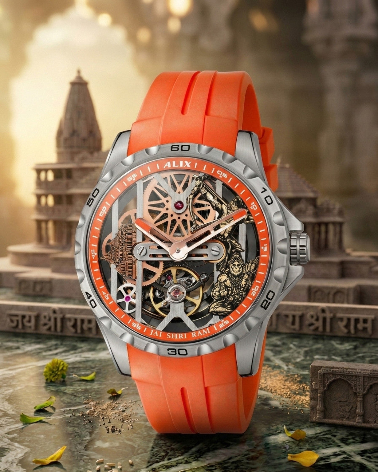 Orange Automatic Skeleton Ram mandir With Lord Rama and hanuman ji Dial Men’s Watch with Silicone Strap – Stylish Sports Watch