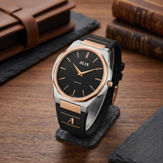 Luxury Black Dial Rose Gold Men’s Watch with Silicone Strap