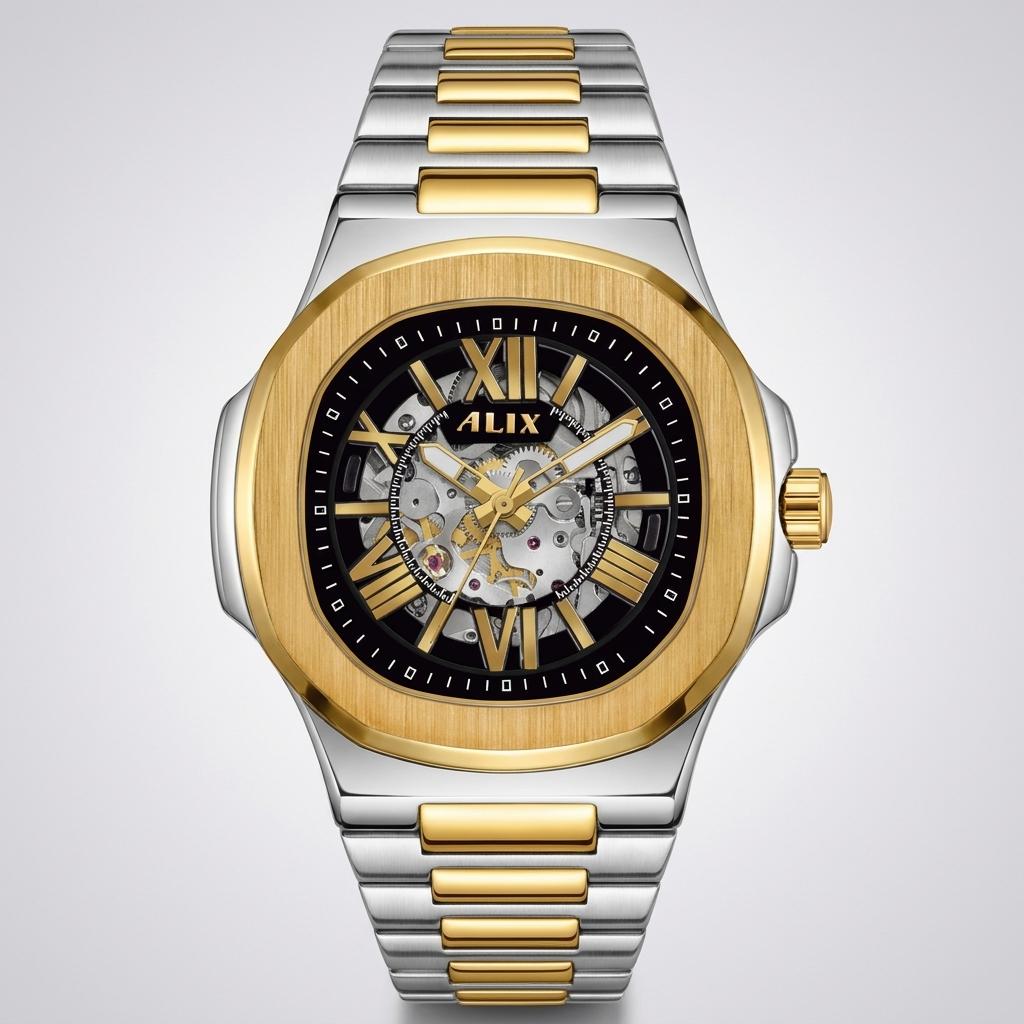 Luxury Automatic Mechanical Men’s Watch Gold Silver Metal Strap Black Dial Watch