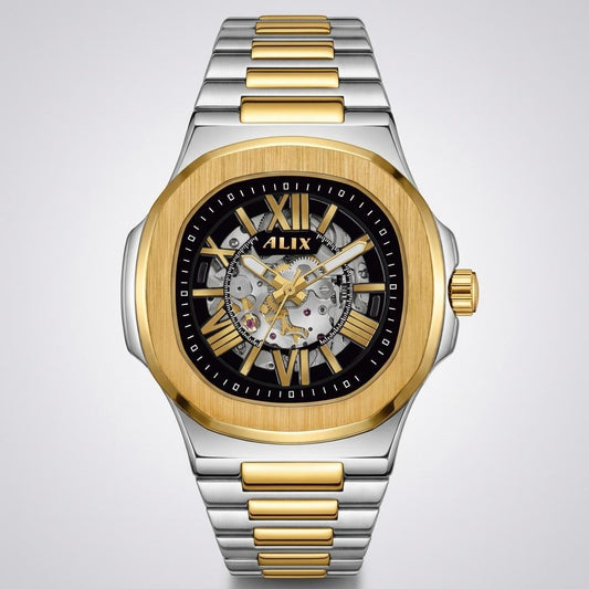 Luxury Automatic Mechanical Men’s Watch Gold Silver Metal Strap Black Dial Watch