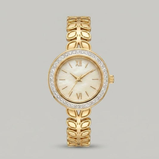 Gold Leaf Pattern Bracelet Watch for Women | Stylish Ladies Watch