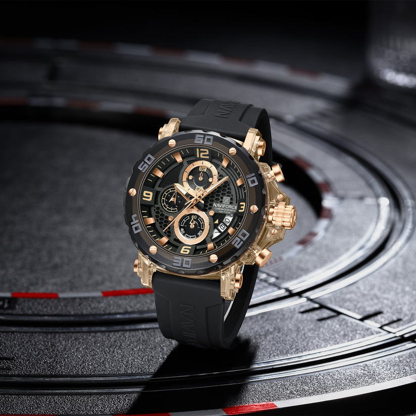 Luxury Black Gold Chronograph Men’s Watch Silicone Strap Sports Watch