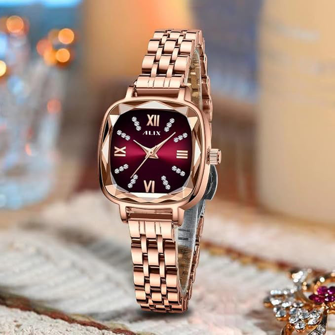 Rose Gold Red Square Dial Analog Watch for Women & Girls