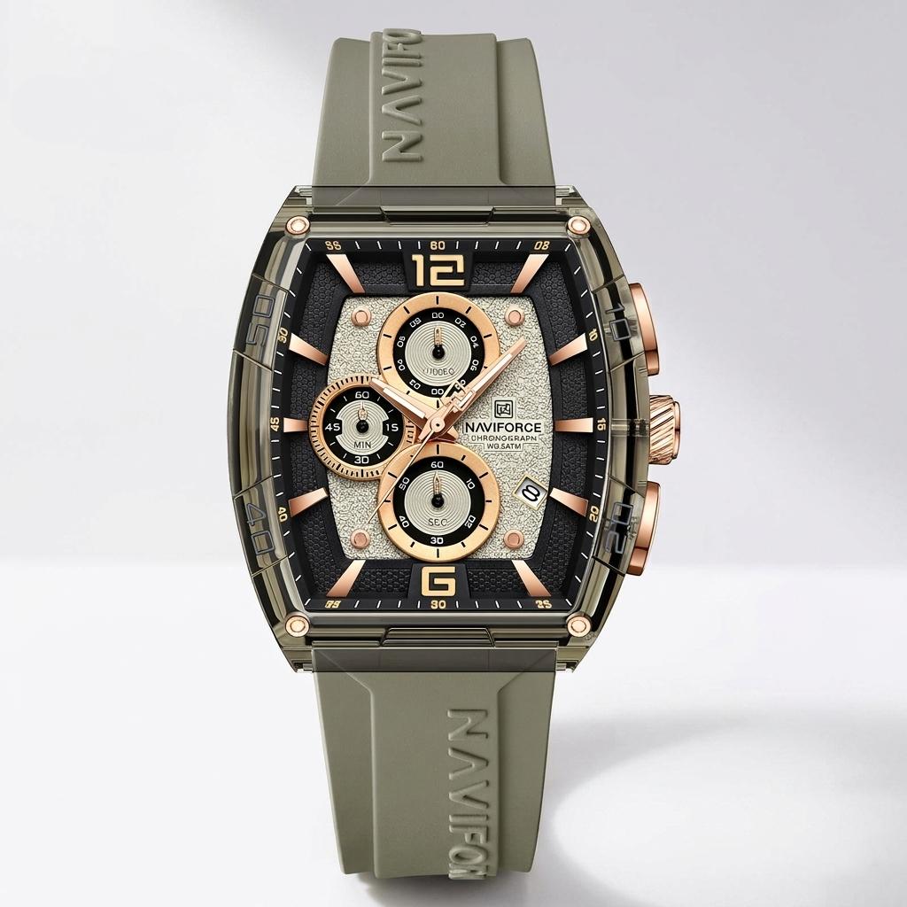 Olive Green Luxury Sports Chronograph Silicone Strap Watch for Men & Boys
