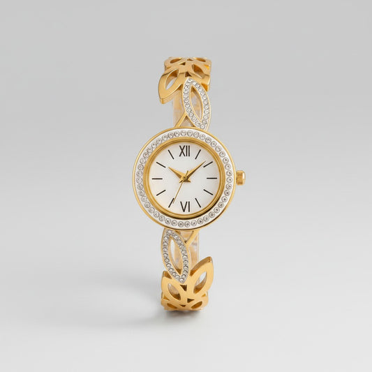 Gold Leaf Design Bracelet Watch for Women | Stylish Crystal Watch