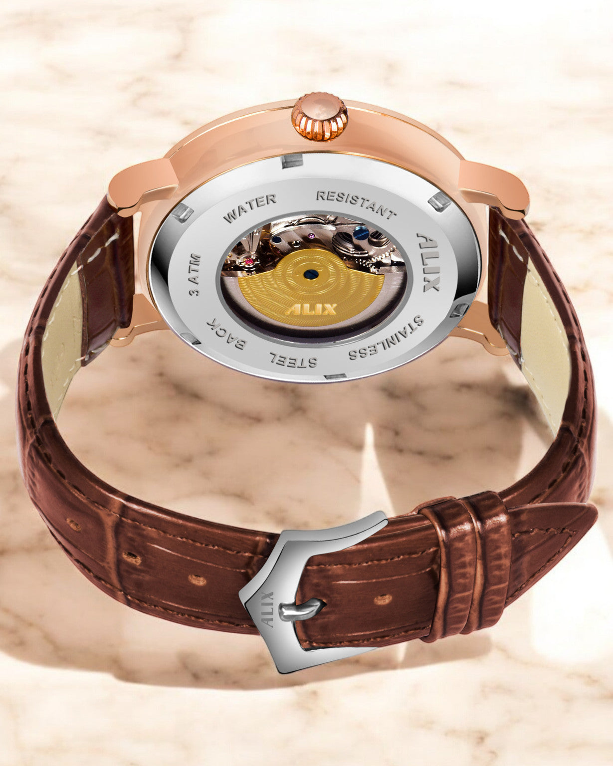 Luxury Automatic Skeleton Watch for Men with Brown Leather Strap