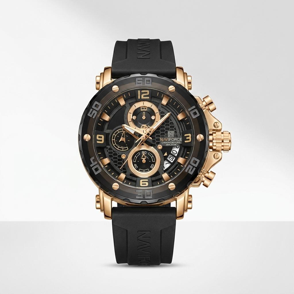 Luxury Black Gold Chronograph Men’s Watch Silicone Strap Sports Watch