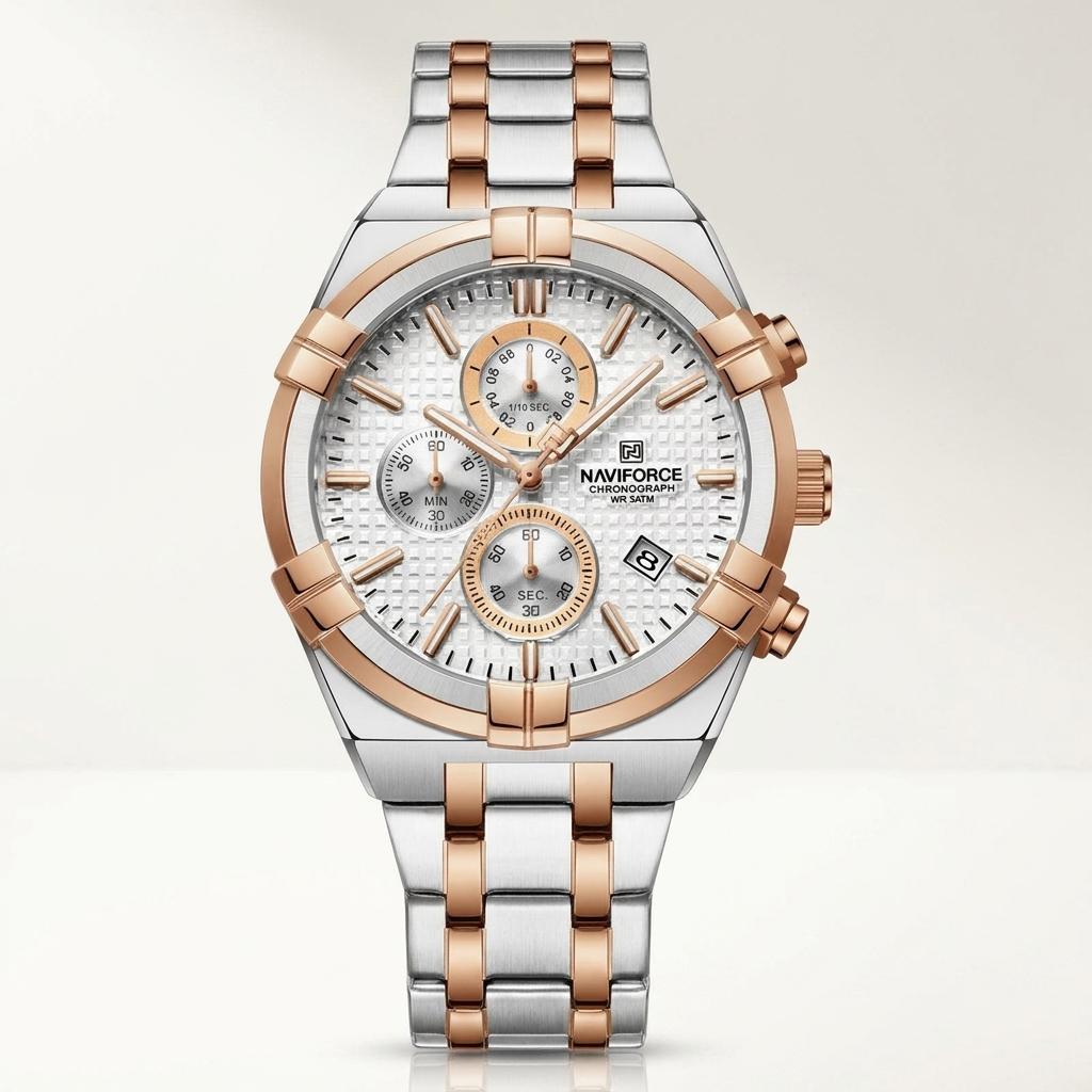 Silver Rose Gold Chronograph Stainless Steel Watch for Men & Boys