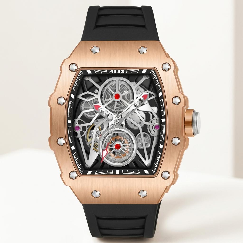 Luxury Automatic Skeleton Watch for Men with Black Silicone Strap