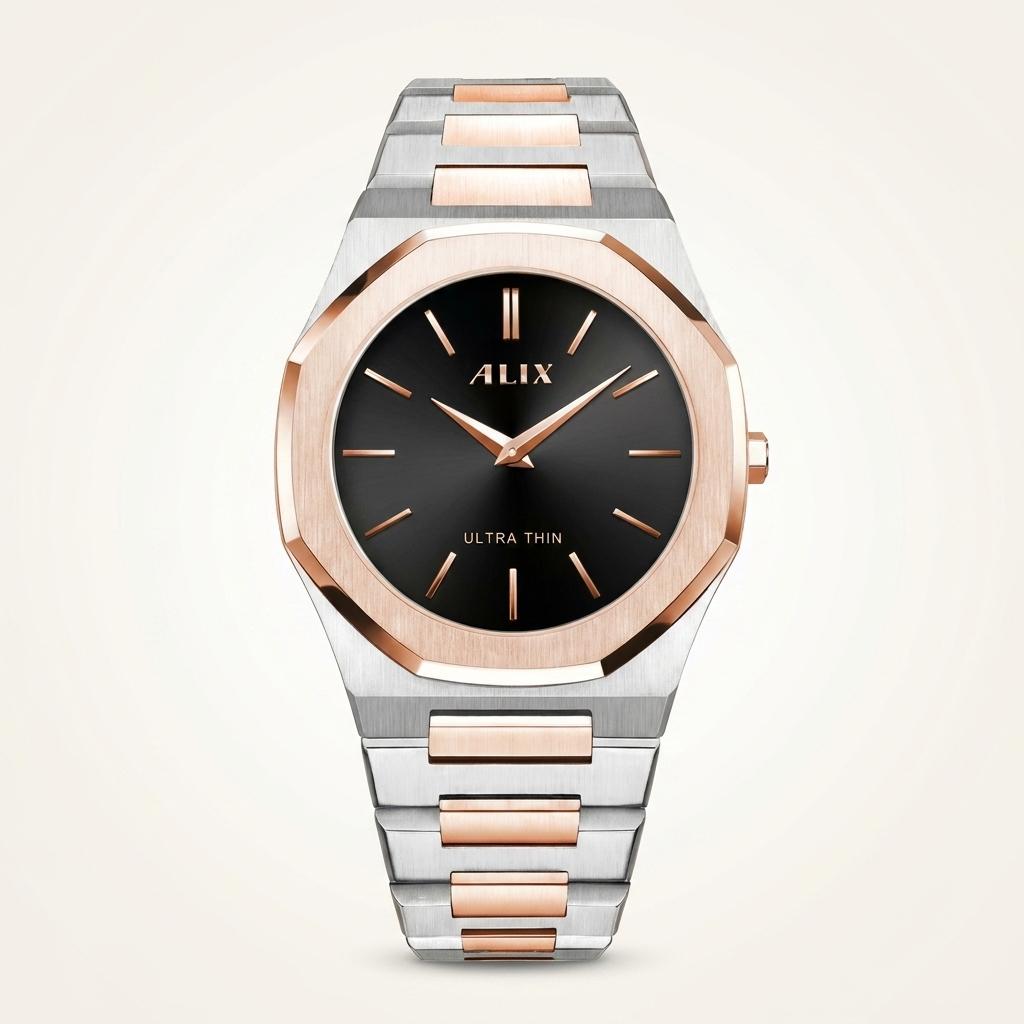 Ultra Thin Black Dial Rose Gold Stainless Steel Watch for Men
