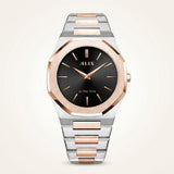 Ultra Thin Black Dial Rose Gold Stainless Steel Watch for Men