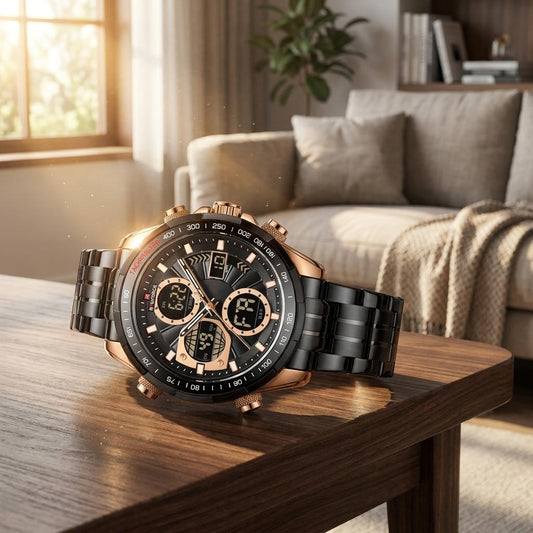 Black Rose Gold Analog Digital Sports Watch for Men & Boys
