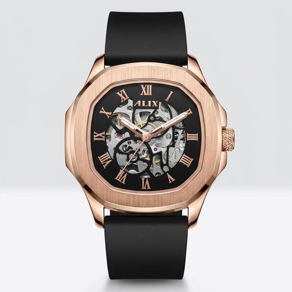 Luxury Automatic Men’s Watch Rose Gold Black Dial Silicone Strap Watch