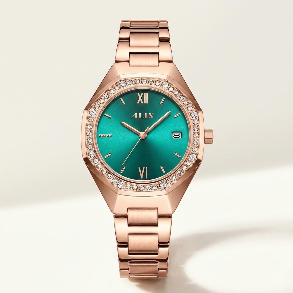 Rose Gold Women’s Watch Green Dial Diamond Style Premium Bracelet Watch