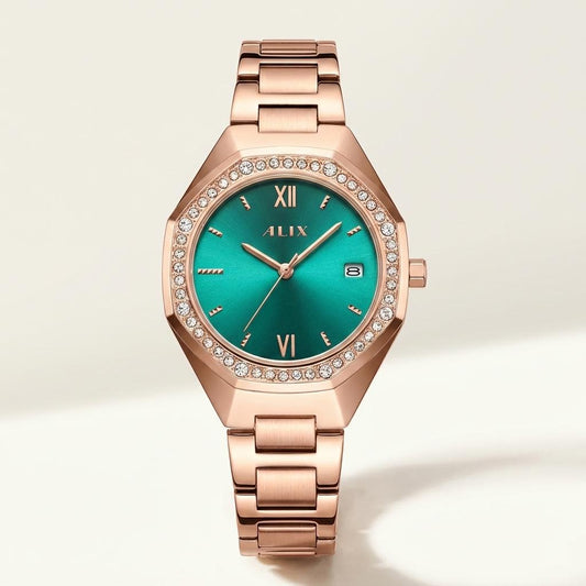 Rose Gold Women’s Watch Green Dial Diamond Style Premium Bracelet Watch