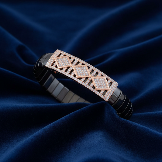Designer Black Ceramic Bracelet with Rose Gold Crystal Pattern for Men