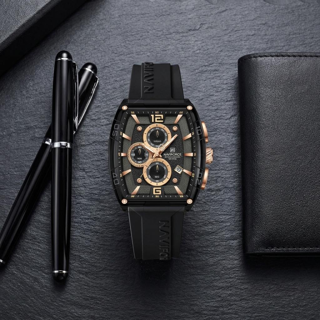 Chronograph Men's Watch with Black Silicone Strap, Water Resistant Quartz Movement, Gold Accents, Date Display for Casual & Formal Wear