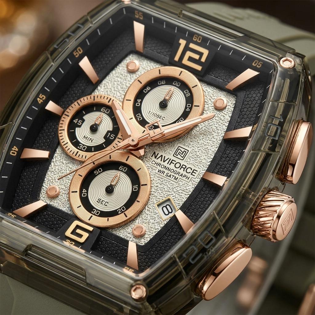 Olive Green Luxury Sports Chronograph Silicone Strap Watch for Men & Boys