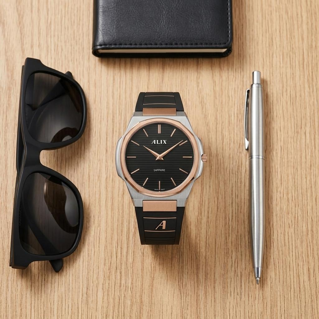 Luxury Black Dial Rose Gold Men’s Watch with Silicone Strap